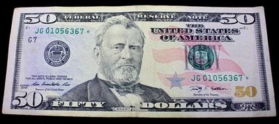 Fifty Dollar STAR Banknote $50 Bill Series 2009 Serial JG 01056367 * - Image 1 of 4