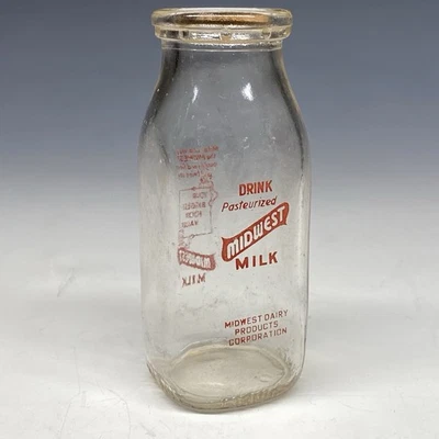 Vintage Midwest Milk Bottle Half Pint Red ACL w/ Original Cap Midwest Dairy - Image 1 of 4