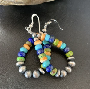 Turquoise Lapis Spiny Oyster Navajo Sterling Silver Dangle Earrings 2" 12977 - Picture 1 of 12