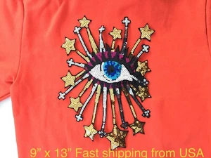 Sequin stars & blue eye Iron-on Patch - Picture 1 of 3