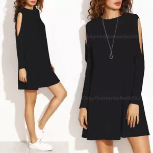 Women Long Sleeve Shirt Short Dress Casual Flared Swing Skater Mini Dress Spring - Picture 1 of 30