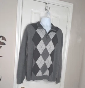 Tasso Elba Herren Gr. XL Grau 100% Baumwolle Argyle Rautenmuster Pullover 1/4 Reißverschluss - Bild 1 von 8