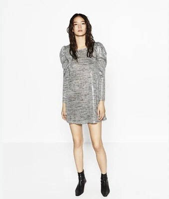 ZARA WOMEN'S HEATHER GRAY THIN KNIT LONG PUFF SLEEVE SEQUIN MINI DRESS Sz Large - Image 1 of 4