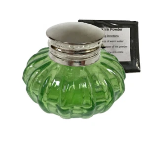 3" Light Green Swirl Thick Glass Inkwell with Ink- Antique Vintage Style - Picture 1 of 4