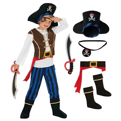 Niños Azul Pirata Disfraz Sombrero Juguete Espada 3-12 años Niños Bucanero Capitán Halloween Foto 1 de 4