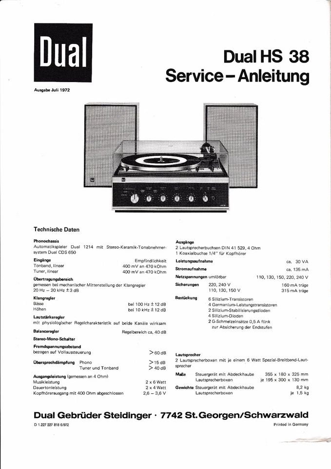 Service Manual Instructions for Dual Hs 38 - Image 1 of 1