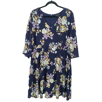 Cameo Blue Floral Dress Womens Plus Size 1x Short Sleeve V Neck Pleated A Line - Image 1 of 4