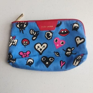 Estee Lauder blaue kleine Kosmetik Reisetasche mit Cartoons goldener Reißverschluss - Bild 1 von 8