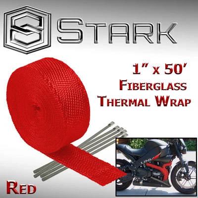 1" x 50' Ft Motorcycle Header Exhaust Heat Wrap Fiberglass Manifold - Red (A) - Image 1 of 2