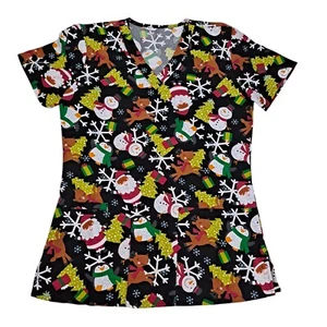 elite Med Performance Scrub Top Womens Microflex Christmas Santa Snowman size L - Picture 1 of 9