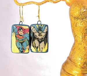 Upcycled OOAK Comic Book Earrings Superhero Jewelry Superman Batman Clippings - Picture 1 of 4