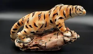 Porcelain Tiger Statue 20c Vintage Orange & Black Decor Rare Stamped Home Gift - Picture 1 of 9