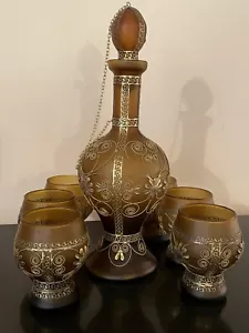 VTG Glass Decanter Set Satin Amber Glass Gold Filigree 6 Goblets Chained Stopper - Picture 1 of 15