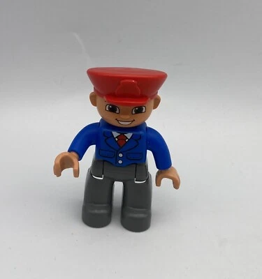 Lego Duplo Building Block Figure Replacement BLUE TRAIN CONDUCTOR Man Red Tie - Image 1 of 2