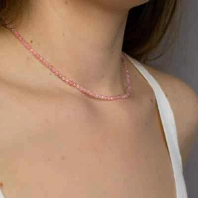 Natural Rose Quartz Tiny Beaded Choker Dainty Healing Crystal Women Necklace New - Image 1 of 4
