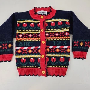 Gorgeous Vintage Amana Child Sweater Wool Cardigan Flower Read School ABC's - Picture 1 of 9