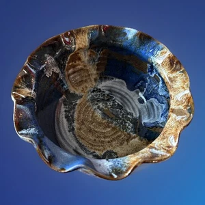 Art Pottery Stunning Blue, Brown,Tan Ruffle Edge Bowl Signed Ex Workmanship - Picture 1 of 10