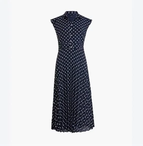 J.Crew Dot Print Pleated Midi Shirtdress Navy Ivory Size 14 Flowy Versatile - Picture 1 of 23