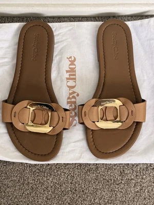 Sandalias See By Chloé Cuero Deslizables Hebilla Dorada Tostada Talla 38 EU Foto 1 de 4