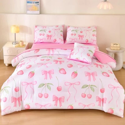 6 Pcs Bed in A Bag Twin Comforter Set for Girls,Pink Bow Bedding,Cherry Straw... - Image 1 of 4