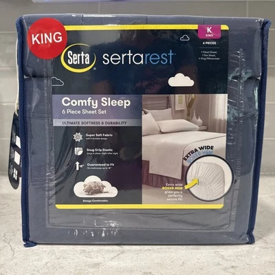 6 Piece KING Blue Serta Rest Comfy Sleep Super Soft Fabric Deep Fitted Sheet Set - Image 1 of 4