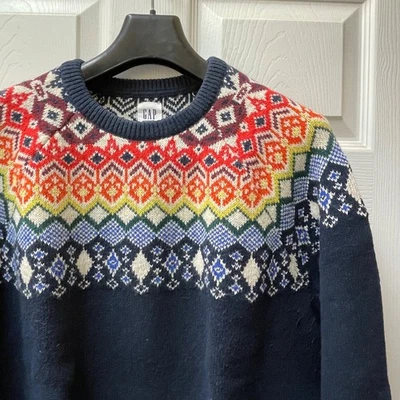 Gap Men’s y Size Large Crazy Fair Isle Navy Wool Blend Sweater Nordic Festive - Image 1 of 4