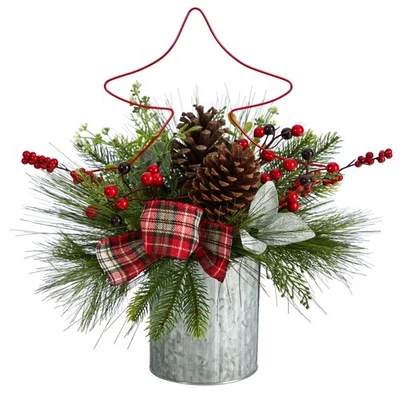 17" Pinecone, Berries Artificial Christmas Decor, Metal Vase, Wire Red Tree - Image 1 of 2