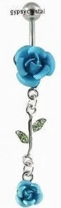 Aqua Blue Rose Flower Dangle Belly Ring - Picture 1 of 1