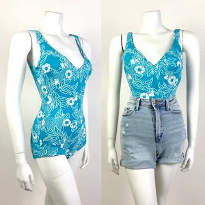 Vintage 60er 70er BLAU WEISS GEBLÜMT BLATT MOD NIEDRIGER BUND SCHWIMMEN BODY ANZUG 9 10 - Bild 1 von 9
