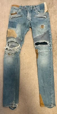 100% Authentic BALMAIN JEANS BIKER DISTRESSED PATCHWORK DENIM Size 29 Men - Image 1 of 4