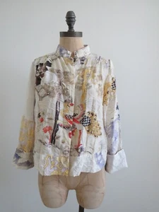 Citron of Santa Monica long sleeve top button blouse peacock bird white SM S - Picture 1 of 17