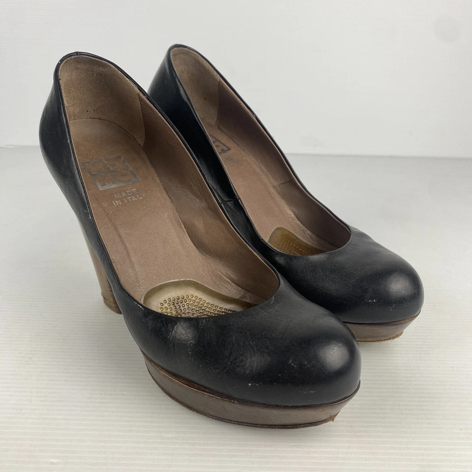 Tacones Moma Mujer 36 Negro Marrón Cuero Madera Código Tacón Plataforma Hecho en Italia Foto 1 de 4