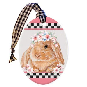 Bunny Lop Eared Fawn Rabbit Floral Ceramic Oval Ornament Double-sided - Picture 1 of 2