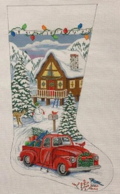 Needlepoint Handpainted Christmas Stocking Alice Peterson Red Truck Ski Cabin - Image 1 of 4