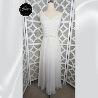 Vestido DaVinci Blanco Chifón Acanalado Cuello en V Cuentas Cintura y Correa Hasta el Suelo 14 Foto 1 de 4