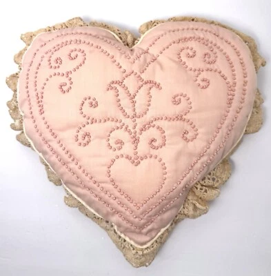 Vintage Candlewick Embroidered Heart Pillow Lace Edge Pink Handmade Cottagecore - Image 1 of 4