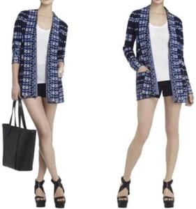 BCBGMaxAzria Women’s Size L Blue Amur Jacquard Open Cardigan Sweater Casual - Picture 1 of 11
