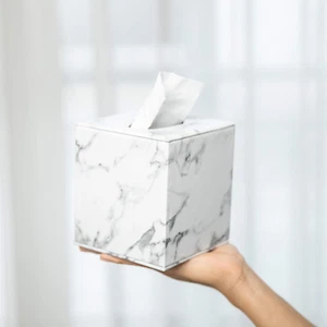 Tissue Box Cover, Square, Modern Marble Style, Marble Stripes, PU Leather & Wood - Picture 1 of 12
