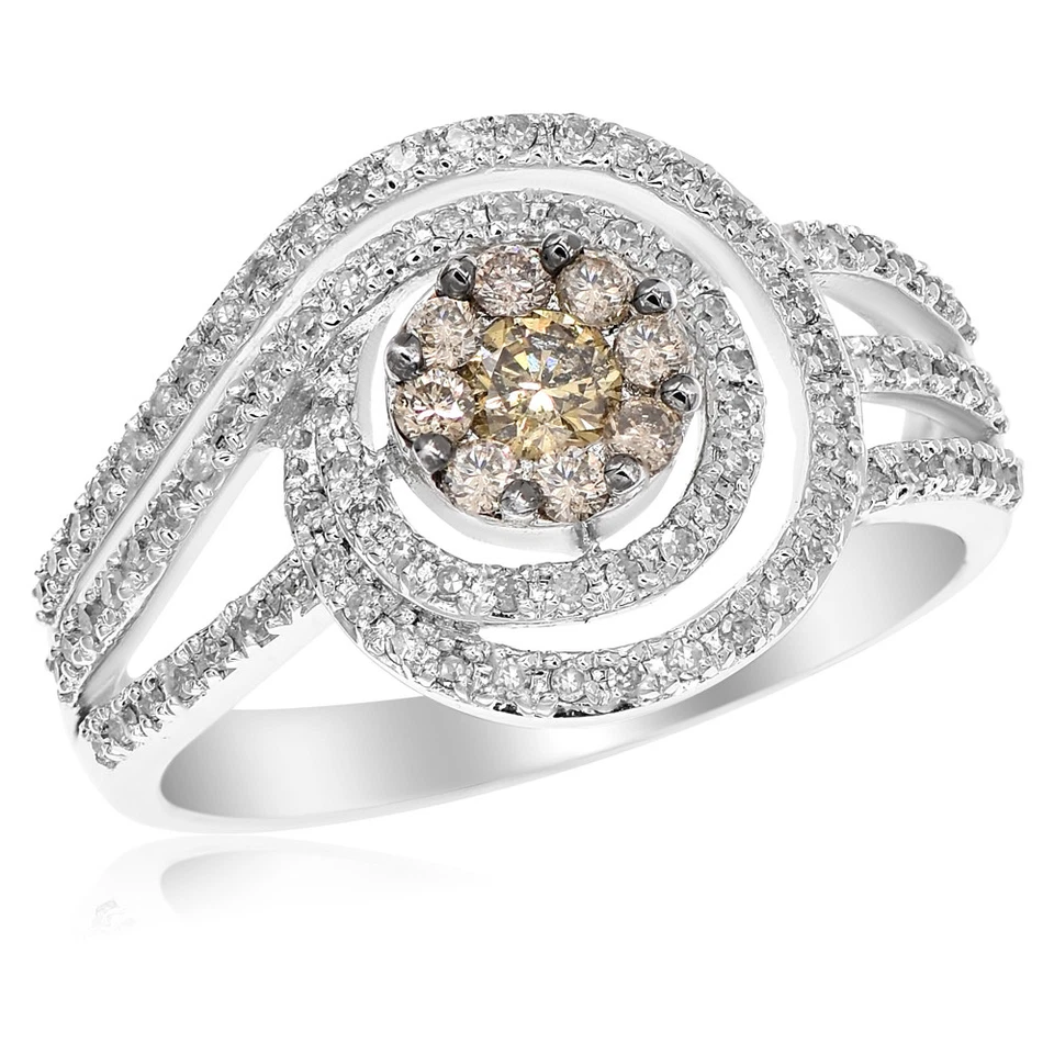 WIDE 14K WHITE GOLD PAVE DIAMOND BROWN CHAMPAGNE COGNAC CLUSTER COCKTAIL RING - Image 1 of 1