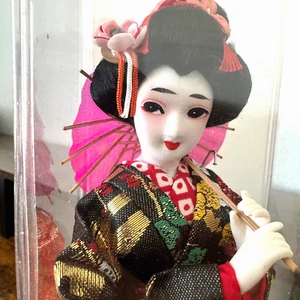 Japanese GEISHA Oriental Doll Red Gold Floral Kimono Fabric Face |Hand Paint NEW - Picture 1 of 13