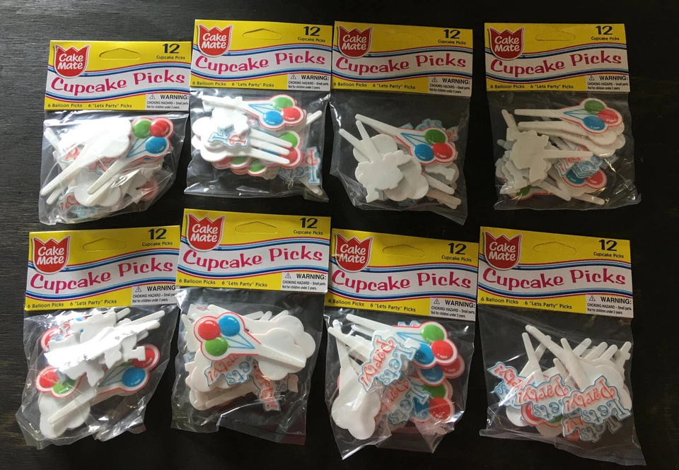 Cake Mate 12pc Set Cupcake Picks Balloons & Lets Party Decoration Fun White