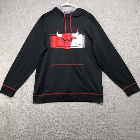 Chicago Bulls NBA Hoodie Mens L Black Hooded Pullover Sweatshirt Adidas Cover