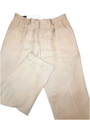 Pantalones Polo Ralph Lauren Vintage 100 % Lino Para Hombre 33x29 Tostado Plisado Puños Años 90 Foto 1 de 4