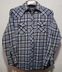 Wrangler Vintage Heavy Flannel Plaid Pearl Snap Herren blau grau Hemd XLT - Bild 1 von 18