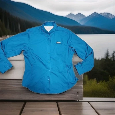 Camisa Columbia BV Whitetails logotipo verde snap ventilada leve feminina grande - Imagem 1 de 4