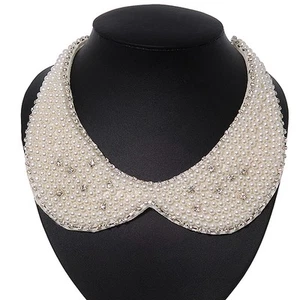 White Simulated Pearl Clear Crystal Felt Peter Pan Collar Necklace In Silver - Picture 1 of 6
