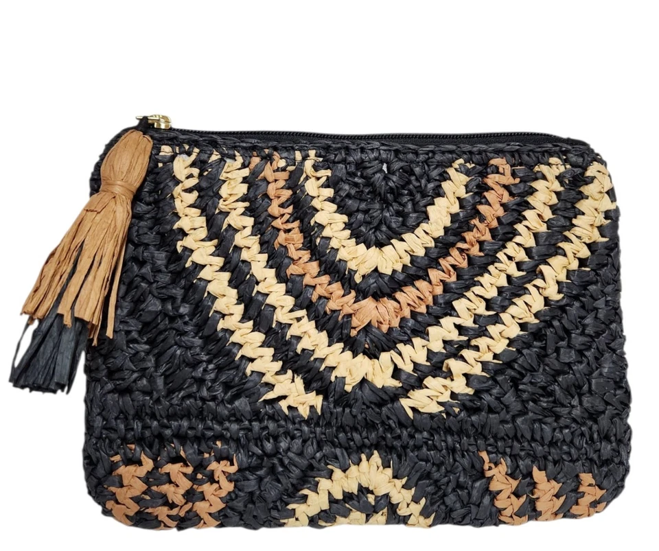 Bolso sin asas Loft Geo de paja con cremallera superior negro natural tejido multicolor nuevo con etiquetas Foto 1 de 4