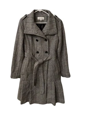 Calvin Klein Womens Size 6 Wool Blend Herringbone Plaid Peplum Topcoat EUC - Image 1 of 4