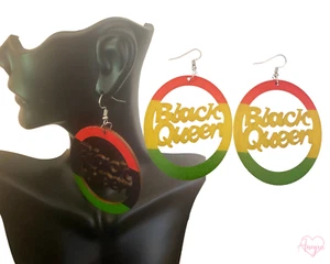 Black Queen Large Wooden Afro Dangle Earrings  Natural Hair Black Girl Magic - Picture 1 of 20