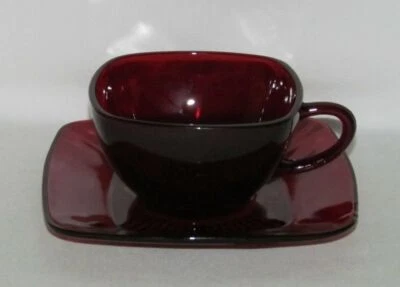 Anchor Hocking Glass ROYAL RUBY Red "Charm" Square Cup and Saucer Set - Image 1 of 2